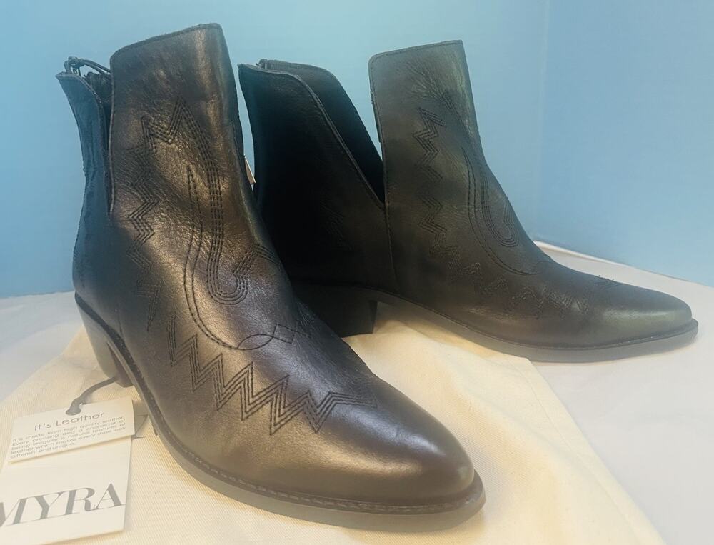 Myra Boots Size 10 ‘Basic Booties’ Black Stitched Leather 1” Heel Cowgirl Style